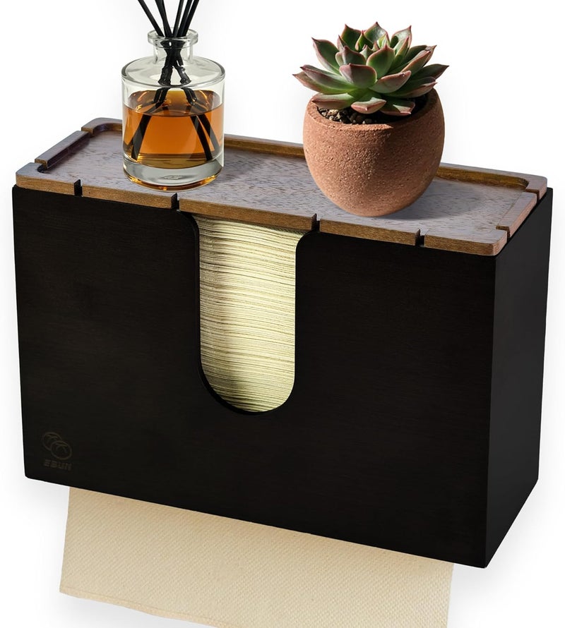 Ebun Bamboo Folded Paper Towel Holder – Wall Mount & Countertop Paper Towel Dispenser for Bathroom, Kitchen & Office – Fits C-Fold, Multifold, Z-Fold Towels – Rustic Modern Design, Black - Image 1